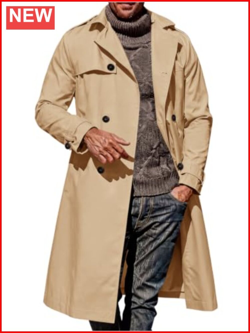 Men's Trench Coat Double Breasted Notched Lapel Mid Knee Length Belted Long